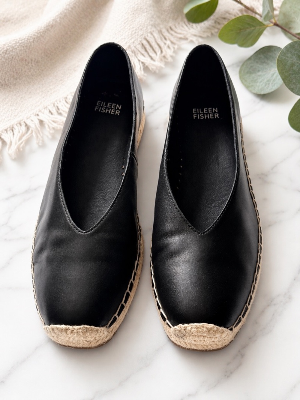 Eileen Fisher Black Leather Espadrille Flats Slip On Size 7.5 Minimalist